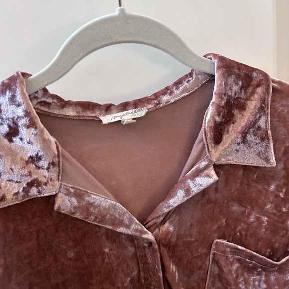 Mystree crushed velvet velour shimmery pink button down tunic top. Whimsigoth - Picture 7 of 16